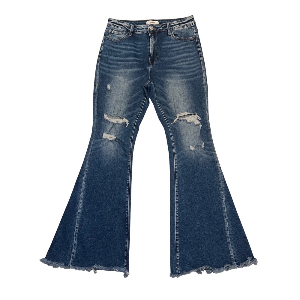Ceros Blue Denim Distressed High Rise Hippie Flare Bell Bottom Jeans Size 31